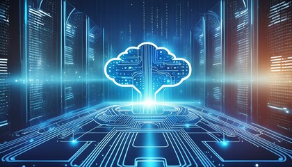 Futuristic, circuit and cyber computer with server in cloud computing, cybersecurity or fast connection. IT, innovation and technology abstract with motherboard system hardware for speed online