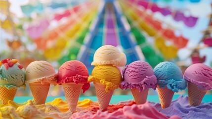 Obraz premium A colorful selection of rainbow ice cream scoops, highlighting a delicious mix of flavors and taste (selective focus, carnival fun, vibrant, composite) with a Ferris wheel backdrop