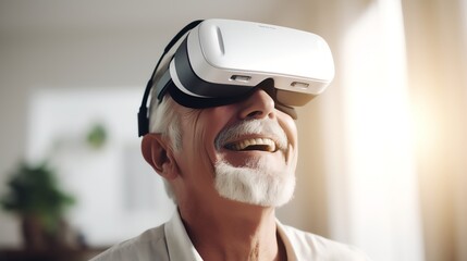 Senior man enjoying a virtual reality experience at home with a VR headset, smiling and having fun, representing modern technology for seniors.