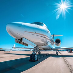 Obraz premium A sleek private jet sits on the runway, ready to take off into the clear blue sky