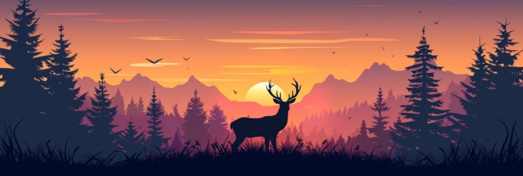An vector illustration of two deer in the forest, with mountains and trees in the background