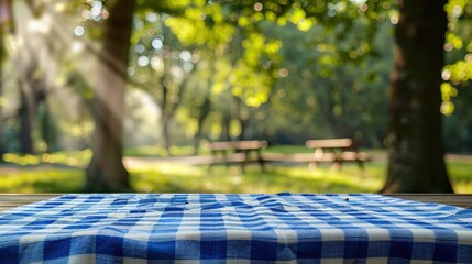 Impressionistic Product Display: Blue and White Checkered Tablecloth in the Park