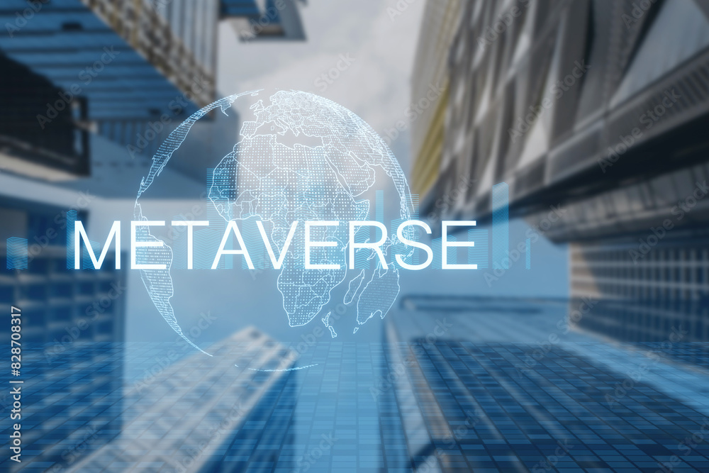 Poster a digital concept of the metaverse overlaying an urban environment with transparent globe graphics o