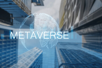 A digital concept of the metaverse overlaying an urban environment with transparent globe graphics...