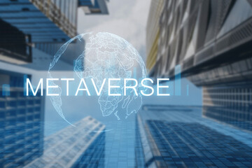 A digital concept of the metaverse overlaying an urban environment with transparent globe graphics on a blue-themed background