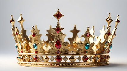Golden crown, raised, opulent, massive, playful, many details, tapering, medieval, against a white background, Generative AI