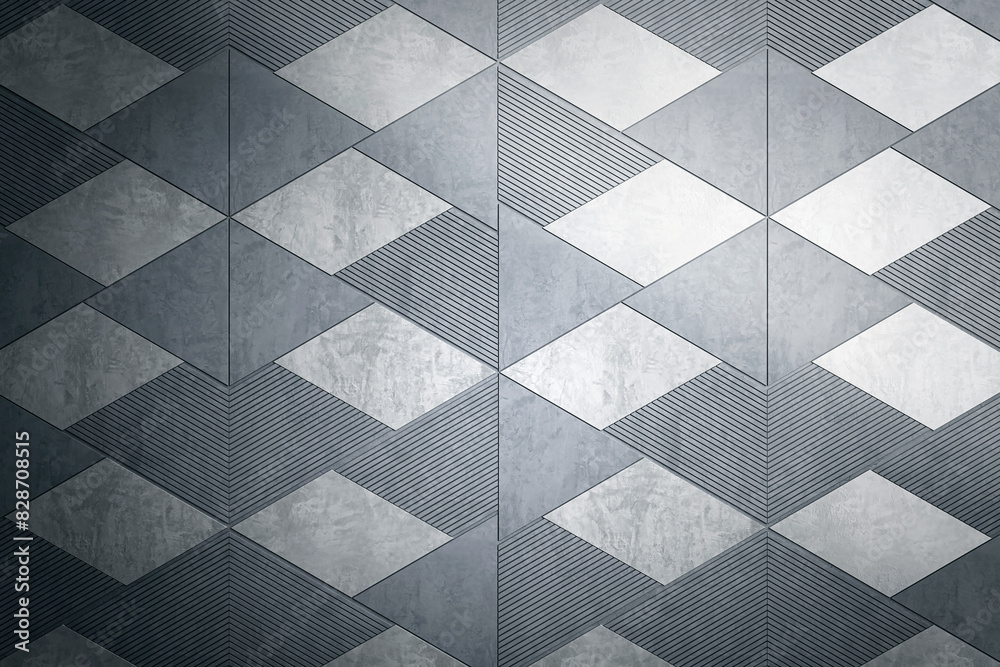 Poster geometric patterned wall with textured tiles in monochrome, shown in a modern design on a plain back