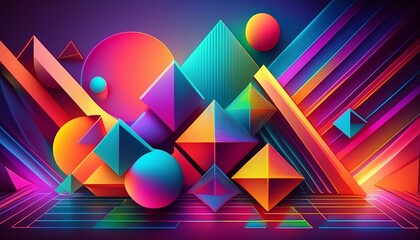 Geometric shapes Vivid triangles, squares, and circles arranged in a layered abstract composition with flowing gradients and neon accents.