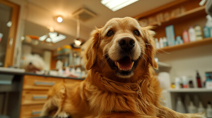 Sitting on a grooming table, a contented golden retriever enjoys a haircut session from a skilled professional.
