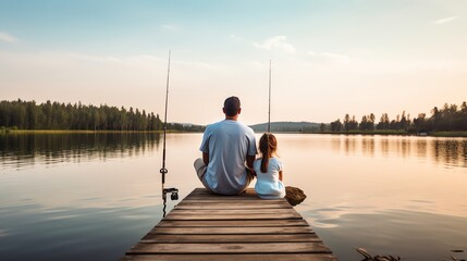 Father and daughter fishing on a serene lake at sunset from a wooden pier, enjoying quality family time and bonding in nature.