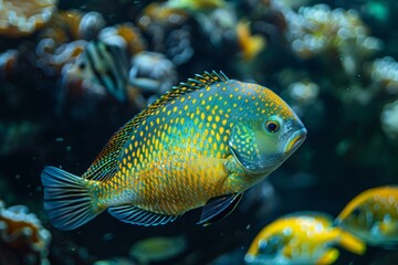 Obraz premium Vivid Blue and Yellow Fish Swimming Underwater
