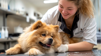 In a serene grooming studio, a patient groomer works on giving a fluffy Chow Chow a refreshing makeover.