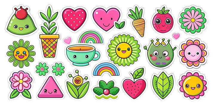 cute stickers set with flowers, illustrations, stickers, for albums, flyers, postcards