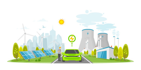 Caring for the environment and using clean green energy from renewable energy sources low carbon concept, Technology for a sustainable environment, Power generation system industry on city background.