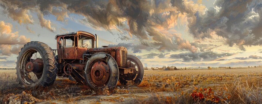 Rural workers with outdated machinery, struggling to compete with urban tech, digital painting, earthy tones, poignant