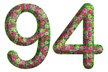 3d of the number 94 is made of green grass and beautiful flower isolated on transparent background. Go green concept for memorial day template