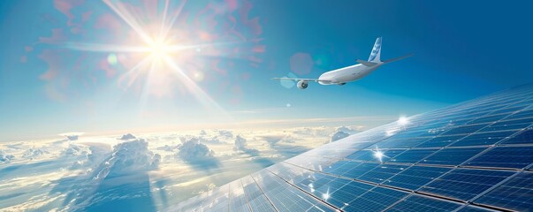 Obraz premium Solar radiation management project with aircraft, aerial view, digital illustration, dynamic, bright sky