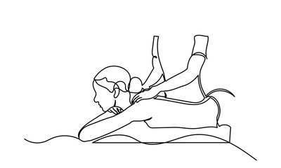 Fototapeta premium Continuous line drawing of side-view Spa body massage treatment. Body care Single-line Young woman having a massage in a spa salon. Physical Therapy concept vector illustration. 