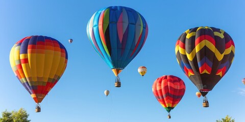 Fototapeta premium Spectacular hot air balloons ascending into the clear blue sky at a colorful hot air balloon festival.
