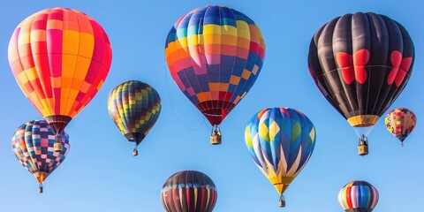 Obraz premium Spectacular hot air balloons ascending into the clear blue sky at a colorful hot air balloon festival.