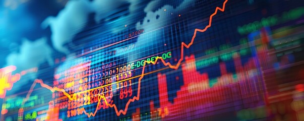 Stock market algorithm development in the cloud, close up, focus on, vivid colors, innovative coding