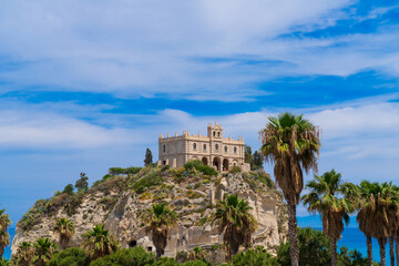 View of the famous monastery from the Middle Ages, Santuario di Santa Maria in Tropea. Calabria, Italy.