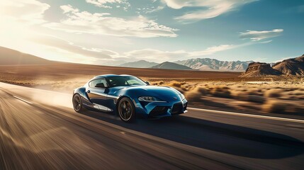 Naklejka premium A blue sports car drives on a desert road with mountains in the background. The sun shines brightly overhead.