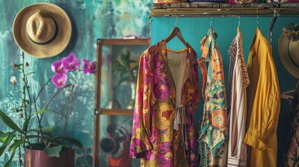 Fototapeta premium A colorful clothing rack with a variety of patterned garments hangs against a vibrant turquoise wall, adorned with flowers and a straw hat.