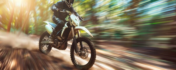 A motorcyclist is riding an off-road motorcycle at high speed through a forest. The background is blurred, emphasizing the motion and speed of the ride.