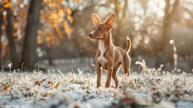 Small Podenco Maneto with excess weight in a park during the winter period