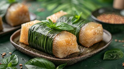 close-up image of zongzi, traditional steamed rice dumplings for duanwu festival, on a green table with a dragon boat festival theme