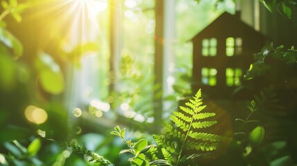 Ecofriendly home decor close up, focus on, copy space vibrant greenery, double exposure silhouette with forest elements