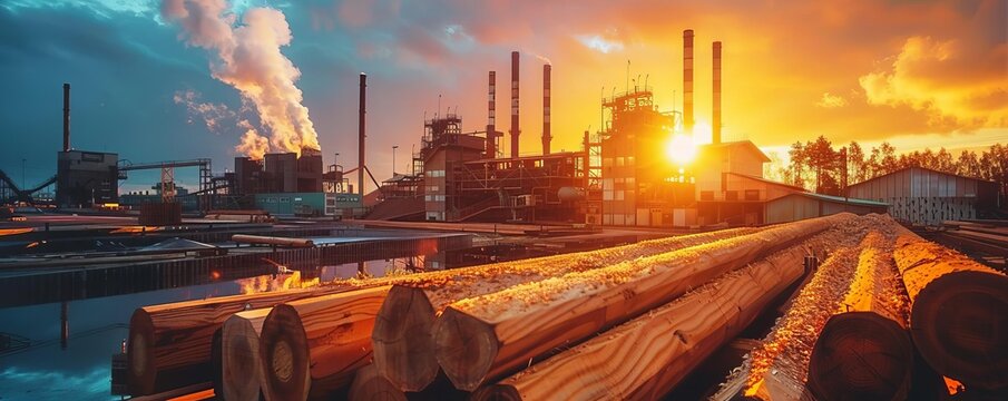 Timber processing plant at sunset, close up, focus on, vivid tones, double exposure silhouette with sawmills