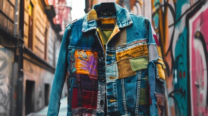 A patchwork denim jacket with a variety of colors and patterns, hanging in an urban alleyway.