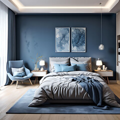 interior of a bedroom blue and grey white luxury modern