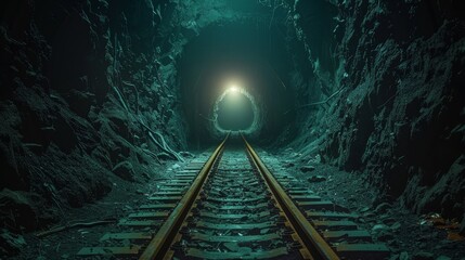 Naklejka premium Train track entering the mouth of a dark underground tunnel, deep shadows and faint glows from far within