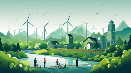 A bustling green economy with workers in various renewable energy sectors