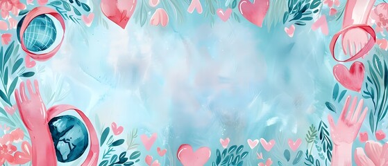 Doodle Page Print Border Design with Blank Space for Mockup Message Featuring Minimalist Pink Ribbon Globe and Heart Hand Motifs in Soft Pastel Tones
