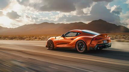 A sleek orange sports car speeds down a desert highway, leaving a trail of dust in its wake, with majestic mountains and a vibrant sunset in the background.