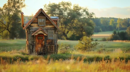 A small wooden cabin stands alone in a field, surrounded by tall grass and trees. The sun shines through the leaves, casting long shadows.