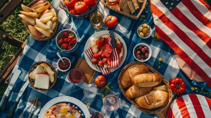 Traditional American picnic on July 4th with red, blue, and white decorations, American flag, and classic picnic foods
