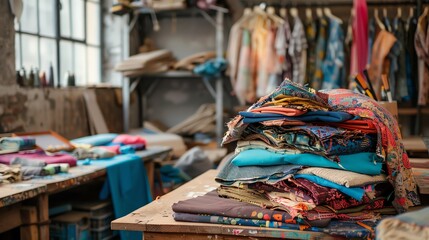 Obraz premium A stack of colorful fabrics sits on a wooden table in a cluttered studio.