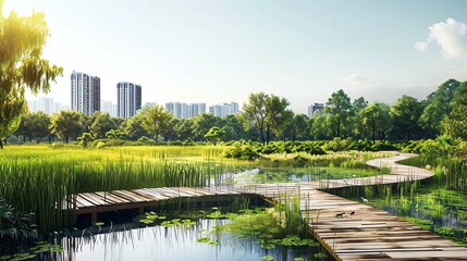 Obraz premium A wooden walkway winds through a lush green park with a pond, leading towards a city skyline in the distance.