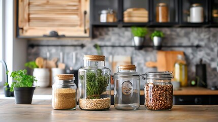 Fototapeta premium Glass jars filled with various ingredients on a wooden counter in a modern kitchen.