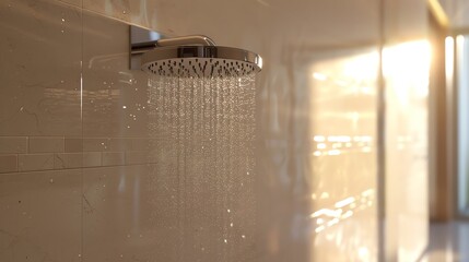 Modern shower head with water streaming down in a bathroom.
