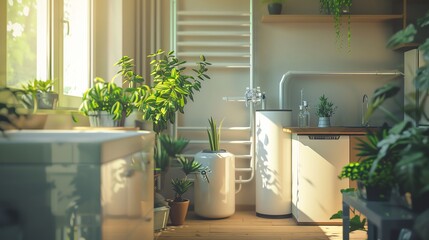 Sunlit room with potted plants, a window, and a white radiator.  The room is decorated in a minimalist style.