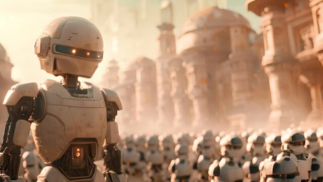 Army of AI robots, group of cyborgs organize troops for battle