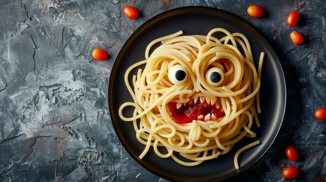Scary Halloween pasta featuring a vampire monster face with exaggerated eyes, designed for a spooky food promotion