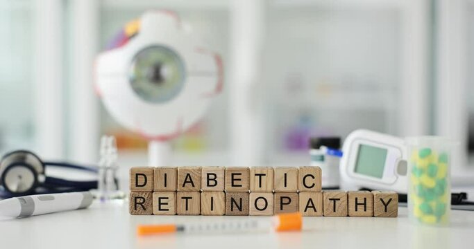 Diabetic retinopathy and complication of diabetes mellitus. Diabetic retinopathy and damage to retina of eye of diabetic origin and examination in laboratory of clinic by ophthalmologist
