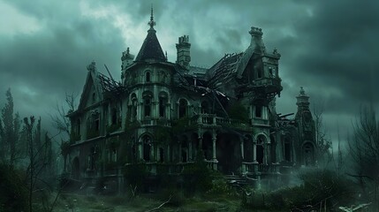Obraz premium Haunted Mansion Shrouded in Gloomy Atmosphere Stands Abandoned for Centuries